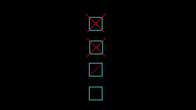 four Bullet point multiple choice checklist presentation boxes with thin animated hand drawn crosses on a plain simple black background.Motion graphics of concept