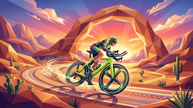 Cyclist riding a green road bike fast through a scenic desert landscape under a low poly rock arch at sunset
