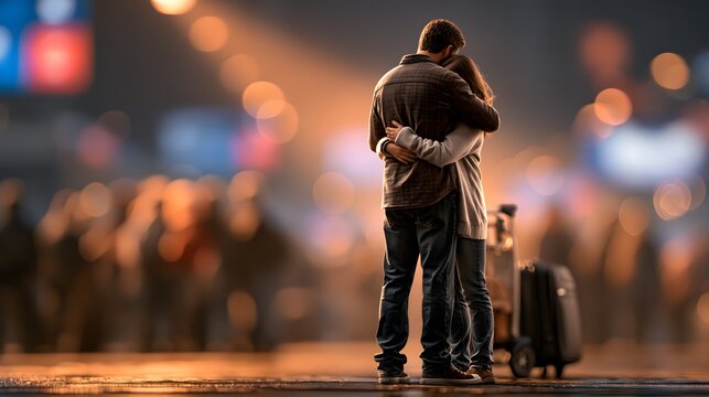 Couple embracing in an airport arrivals hall