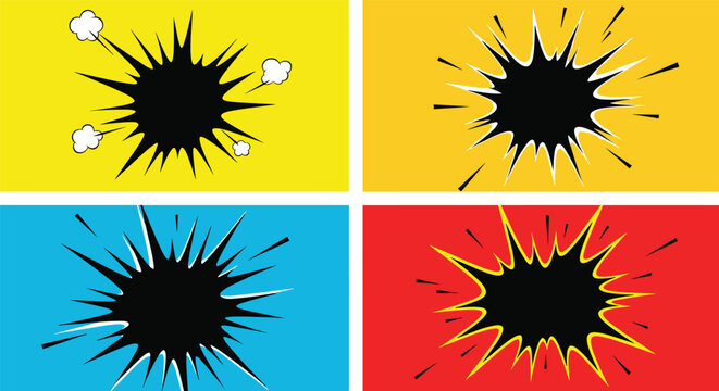 Four colorful pop art panels with comic book explosion bursts in yellow, orange, blue, and red backgrounds.