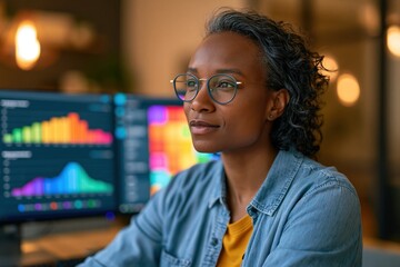 Fototapeta premium Privacy specialist analyzing data dashboard with colorful charts in modern office