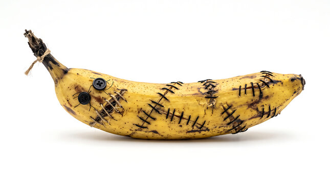 Zombie banana with stitches and buttons, spooky halloween fruit on white background, funny concept for holiday celebration.