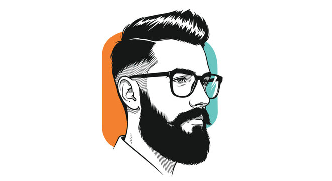 Stylish bearded man with modern haircut and glasses, vintage engraving style vector portrait illustration.