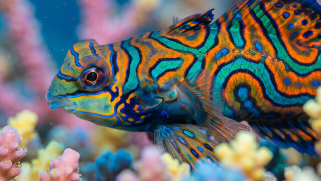 Mandarinfish with vibrant orange and blue psychedelic patterns resting on colorful coral reefs