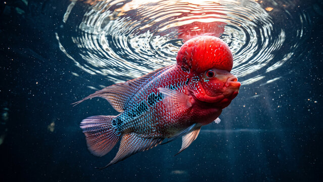 Red flowerhorn cichlid fish swimming near the water surface, creating ripples in a dark aquarium