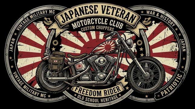 Japanese Veteran Motorcycle Club Emblem Vector Illustration with Rising Sun Flag and Custom Chopper Biker Badge