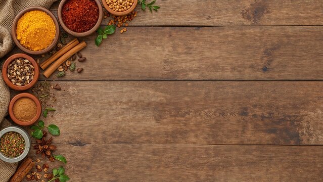 Assorted spices and herbs arranged on a wooden surface with space for text.