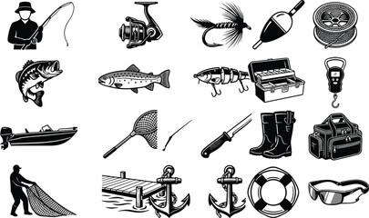 Vintage Fishing and Angling Equipment Black Silhouette Icon Set with Vector Elements for Fisherman Clubs, Outdoor Tournaments, and Marine Tackle Brand Identities, © Minara