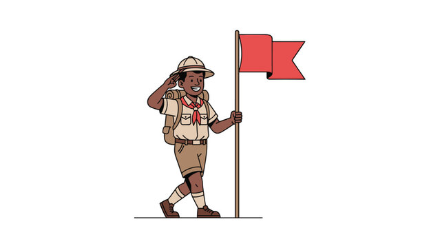 Proud scout boy saluting while marching with a backpack and a big red flag, clean vector illustration on white background.