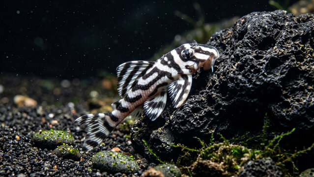 Zebra pleco (L046) catfish resting on a black volcanic lava rock in a freshwater aquarium