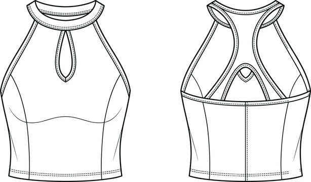 Technical flat sketch vector illustration of a women keyhole halter neck racerback crop top front and back view