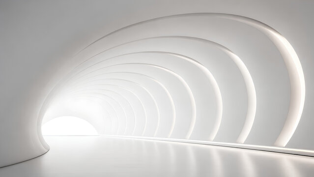 Elegant curved white corridor with glowing archways and seamless minimalist architecture, premium futuristic interior background, soft ambient lighting.