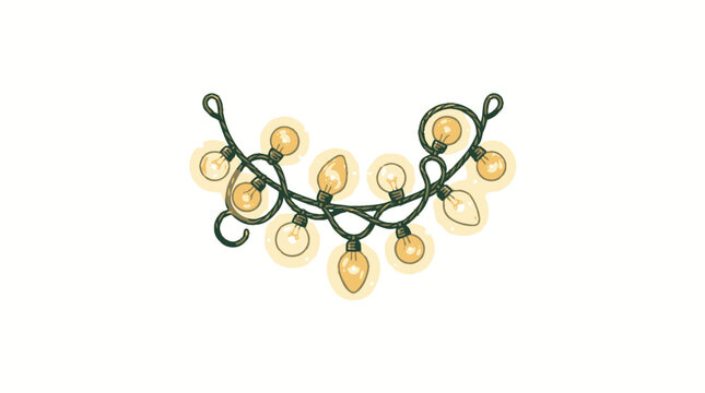 Hand-drawn string lights glowing softly, festive decoration, isolated on white