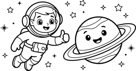 Cute cartoon astronaut floating in space giving a thumbs up next to a happy smiling planet saturn © Bellal