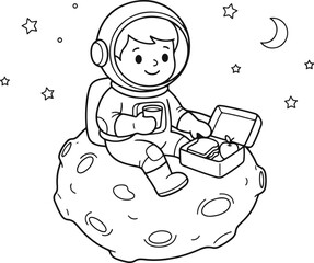 Cute cartoon astronaut child sitting on a moon rock exploring space with a small box in coloring page style