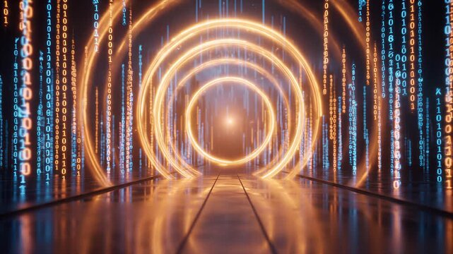 Futuristic digital tunnel with glowing orange rings and falling binary code