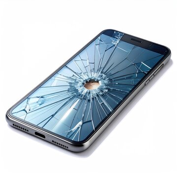 A smartphone with a dramatically shattered, starburst-patterned screen
