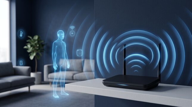 Smart home Wi-Fi router detecting human presence with signal waves. Advanced wireless network hub scanning motion in modern living room.