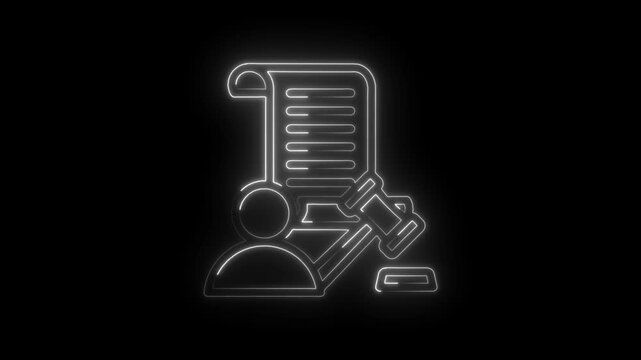 Neon legal document gavel and person icon glowing white on black background representing justice