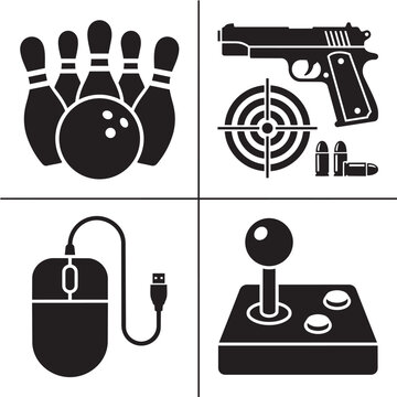 Set of sports and technology icons featuring bowling, shooting target, computer mouse and joystick
