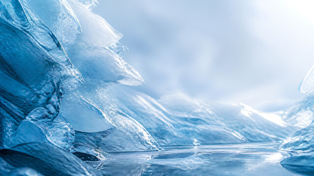 Premium frozen ice landscape background featuring layered crystal formations, cool blue palette, natural winter textures, clean abstract composition with copy space.