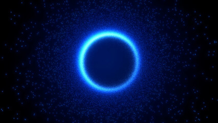 Fototapeta premium Glowing blue particle halo ring on dark background, futuristic abstract energy frame with radiant sci-fi atmosphere.