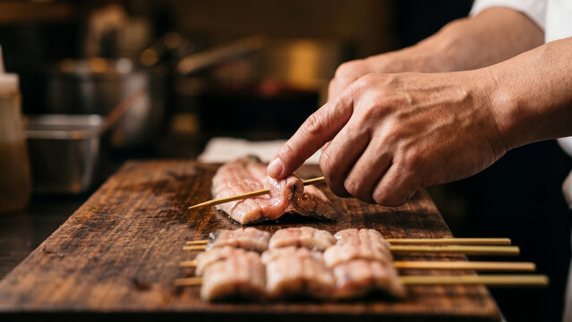 Japanese chef skewering raw eel fillets on a wooden cutting board, preparing skewers for grilling or kabayaki prep