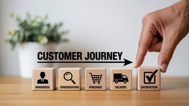 Customer journey concept with wooden blocks showing phases from awareness to satisfaction on a wooden desk.