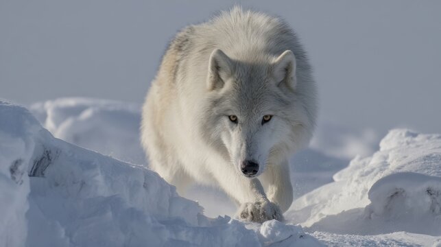 An Arctic wolf with powerful muscles tensed beneath its thick fur walks stealthily through the snowy landscape, showcasing its predatory prowess.