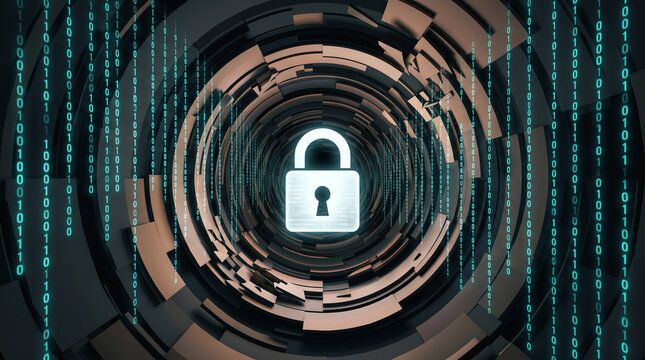 Digital security concept with a glowing padlock icon in the center of a futuristic tunnel of binary code data streams