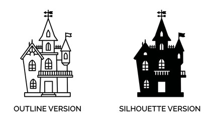 Spooky Mansion Duo: A pair of haunted houses, presented in both an outline and a silhouette version, featuring turrets, arched windows, and a foreboding atmosphere, perfect for Halloween themes. © Hasem