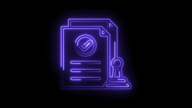 Neon glowing document with checkmark and stamp approval symbol abstract background legal icon