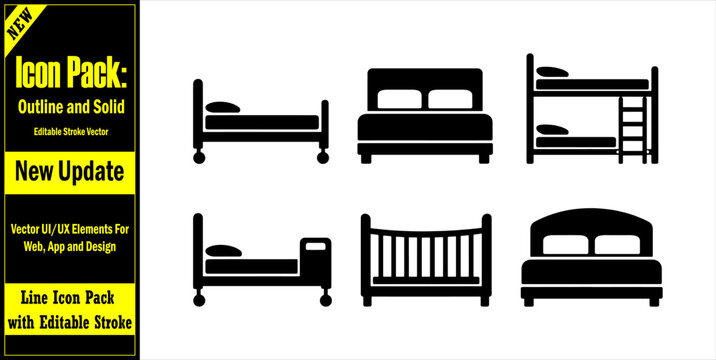 Furniture vector bedroom icons solid style different bed types hostel. Essential Minimal Vector Icons
