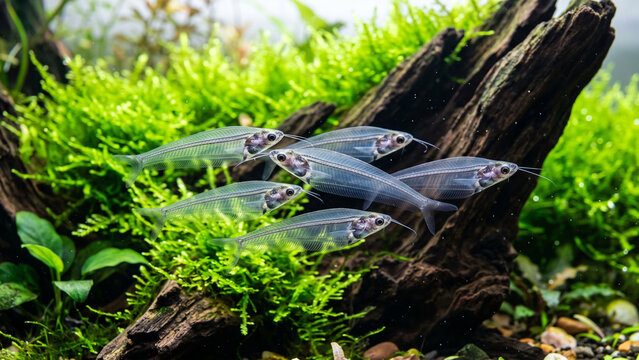 School of transparent glass catfish swimming near driftwood covered with green moss in an aquascaped freshwater aquarium