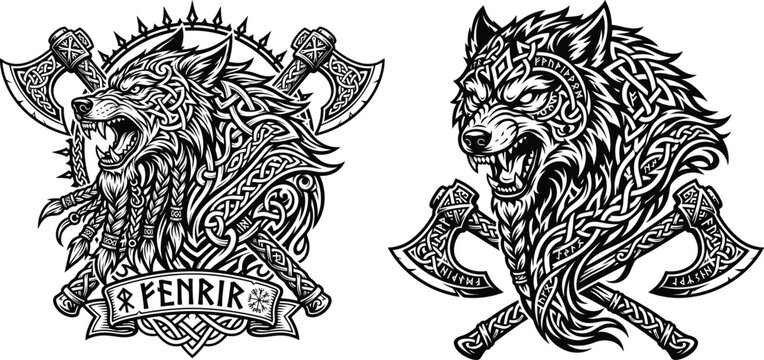 Viking wolf head with ornate knotwork and crossed battle axes knotwork mythology scandinavian predator illustration