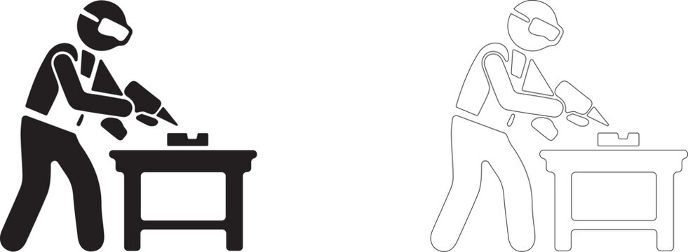 Craftsman with drill at workbench vector icon filled and outline, manual work and carpentry symbol.