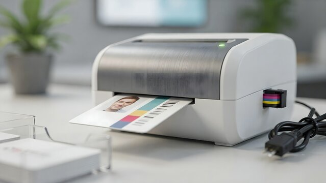 compact color laser printer with printout of color test sheet in office setting