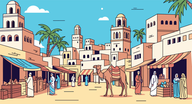 Detailed vector illustration of a lively traditional Middle Eastern street market bazaar with a camel and local people.
