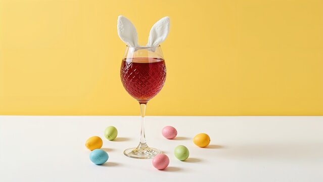 Easter drink with bunny ears in a glass, surrounded by colorful eggs, on a yellow and white background. Celebrating Easter with festive decorations.