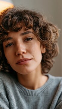 Curly haired adult with tearful hopeful expression in plain sweater