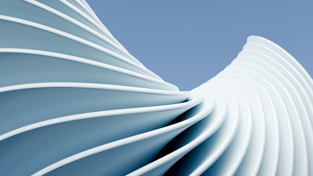 3D rendering of abstract white smooth curved spiral fins forming a modern architectural structure against a light blue background