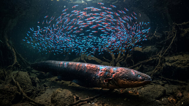 Electric eel swimming under a swirling school of glowing neon tetras in a freshwater Amazonian river habitat