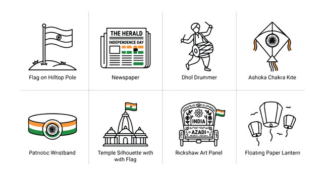 Indian Independence Day icon set, 8 patriotic line art vectors, national celebration symbols including Ashoka Chakra kite and rickshaw art