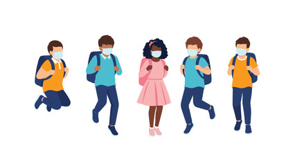Obraz premium Group of diverse school children wearing backpacks and protective face masks while walking to school in new normal era.