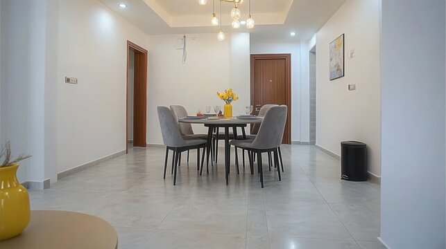 Modern dining room with gray chairs and a wooden table
