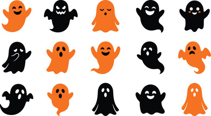 Fototapeta premium A festive halloween vector bundle featuring a collection of cute orange and black ghost illustrations for holiday party decorations and designs