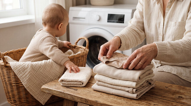 Smiling Young Mom Creating a Cozy Home Atmosphere While Folding Laundry and Caring for Baby Near Washing Machine