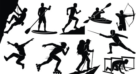 Naklejka premium Extreme Sports and Outdoor Adventure Silhouettes Set Featuring Climbing Kayaking Archery and Hiking Activities