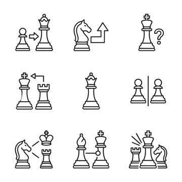 Chess moves and game strategy concept line icons set with strategy checkmate boardgame competition