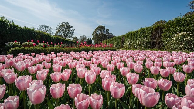 Pink tulips in a garden with green hedges and trees under a blue sky.